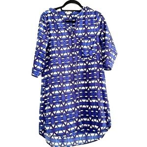 Lucky Brand Tunic Top S Boho Geometric Blue 3/4 Sleeve V-Neck Striped Blue White